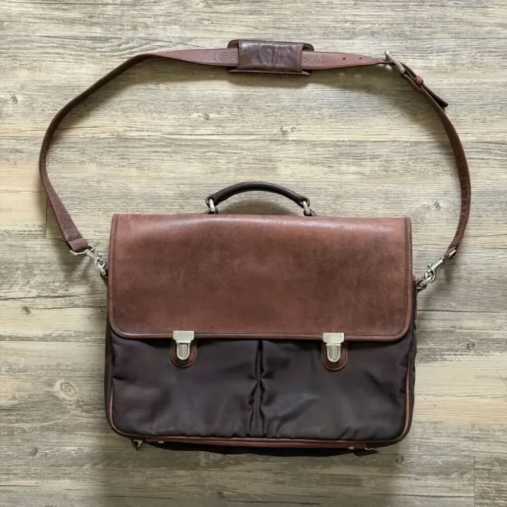 Vintage Coach Brown Classic Leather Nylon Briefcase Messenger Bag 5113